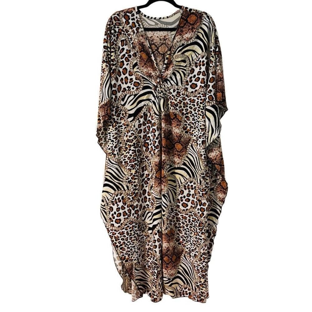 Mixed animal print brown, black, & white rayon long V-neck caftan One Size